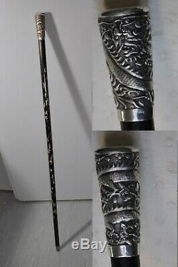 Canne Ancienne Chinois Nacre Argent Massif Antique Chinese Walking Cane Stick