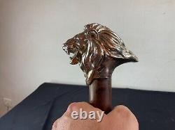 Canne ancienne argent Massif Pommeau LION Art Nouveau Deco Animalier