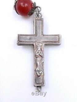 Chapelet ancien en argent massif et perles pate de verre croix reliquaire XIXeme