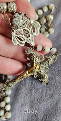 Chapelet ancien en nacre et filigrane argent massif christ doré (vermeil)