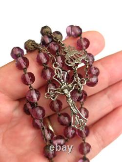 Chapelet perles améthyste argent massif médaille crucifix ancien rosary silver