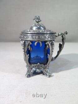 Charles Harleux Ancien Joli Moutardier Argent Massif Interieur Bleu Style L XV