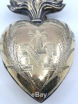 Coeur de Marie ancien en argent massif vermeil reliquaire Ex voto pendentif XIXe