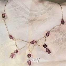 Collier Ancien Draperie Pampilles Perles De Verre Couleur Lilas Argent 925 44cm