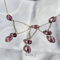 Collier Ancien Draperie Pampilles Perles De Verre Couleur Lilas Argent 925 44cm
