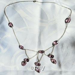 Collier Ancien Draperie Pampilles Perles De Verre Couleur Lilas Argent 925 44cm
