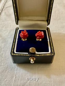 Corail Fleur Sculptée, Vermeil, Argent Massif, Anciennes Boucles D'oreilles