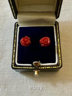 Corail Fleur Sculptée, Vermeil, Argent Massif, Anciennes Boucles D'oreilles