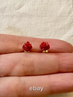 Corail Fleur Sculptée, Vermeil, Argent Massif, Anciennes Boucles D'oreilles