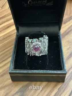 Créateur Veritable Rubis, Émeraude, Argent, Moderniste Large Bague Ancienne