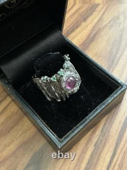 Créateur Veritable Rubis, Émeraude, Argent, Moderniste Large Bague Ancienne