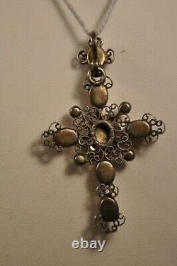 Croix Ancien Argent Massif Pierres Sur Paillon Antique Solid Silver Foiled Cross