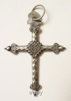 Croix Jeannette argent massif Bijou ancien régional 19e siècle silver cross cruz