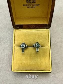 Croix Véritable Saphir, Argent Massif, Belles Boucles D'oreilles Anciennes