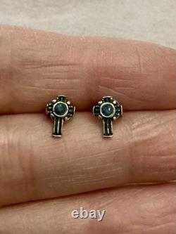 Croix Véritable Saphir, Argent Massif, Belles Boucles D'oreilles Anciennes