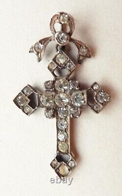Croix pendentif argent massif pierres blanches Bijou ancien 19e s silver cross