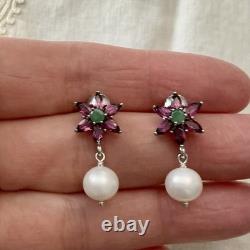 EMERAUDE, GRENAT, PERLE, ANCIENNES BOUCLES D'OREILLES OR Blanc / ARGENT