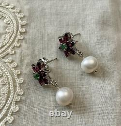 EMERAUDE, GRENAT, PERLE, ANCIENNES BOUCLES D'OREILLES OR Blanc / ARGENT