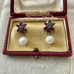 EMERAUDE, GRENAT, PERLE, ANCIENNES BOUCLES D'OREILLES OR Blanc / ARGENT