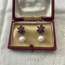 EMERAUDE, GRENAT, PERLE, ANCIENNES BOUCLES D'OREILLES OR Blanc / ARGENT
