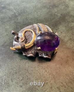 Elephant Unique Broche Ancienne En Or, Argent, Grosse Amethyste, Citrine