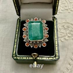 Énorme Emeraude Veritable, Corail, Argent, Createur Imposante Bague Ancienne