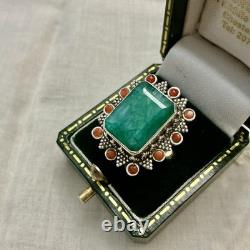Énorme Emeraude Veritable, Corail, Argent, Createur Imposante Bague Ancienne