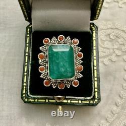 Énorme Emeraude Veritable, Corail, Argent, Createur Imposante Bague Ancienne