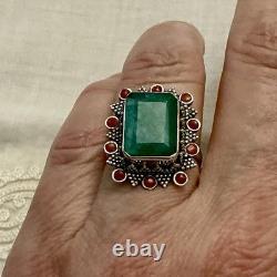Énorme Emeraude Veritable, Corail, Argent, Createur Imposante Bague Ancienne