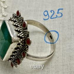 Énorme Emeraude Veritable, Corail, Argent, Createur Imposante Bague Ancienne