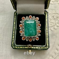 Énorme Emeraude Veritable, Corail, Argent, Createur Imposante Bague Ancienne