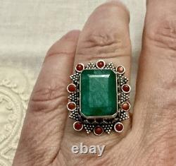 Énorme Emeraude Veritable, Corail, Argent, Createur Imposante Bague Ancienne