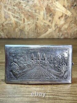 Etui cigarettes ancien, argent massif, Indochine, poinçons, décor temple, Asie