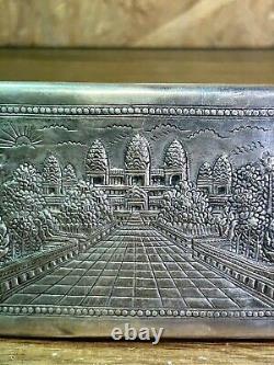 Etui cigarettes ancien, argent massif, Indochine, poinçons, décor temple, Asie
