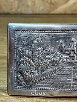 Etui cigarettes ancien, argent massif, Indochine, poinçons, décor temple, Asie