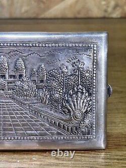 Etui cigarettes ancien, argent massif, Indochine, poinçons, décor temple, Asie