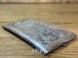 Etui cigarettes ancien, argent massif, Indochine, poinçons, décor temple, Asie