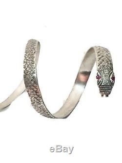 Exceptionnel Ancien Grand Bracelet En Argent Massif Serpent Petits Rubis 17 cm