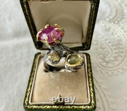 Exceptionnel Rubis, Tourmaline, Argent, Or, Unique Design Bague Ancienne