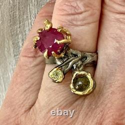 Exceptionnel Rubis, Tourmaline, Argent, Or, Unique Design Bague Ancienne