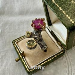 Exceptionnel Rubis, Tourmaline, Argent, Or, Unique Design Bague Ancienne