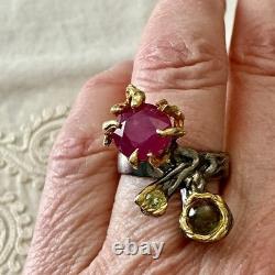 Exceptionnel Rubis, Tourmaline, Argent, Or, Unique Design Bague Ancienne