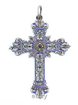 Grande croix ancienne en argent massif email et grenat XIXeme fleur de lys