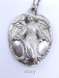 Grande médaille religieuse ancienne ange en argent massif XIXeme pendentif