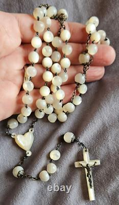 Gros chapelet ancien en argent massif & perles de nacre