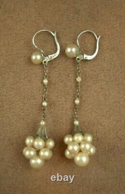 LONGUES BOUCLES PENDANTS D'OREILLES ANCIENNES DORMEUSES en ARGENT & PERLES