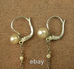 LONGUES BOUCLES PENDANTS D'OREILLES ANCIENNES DORMEUSES en ARGENT & PERLES