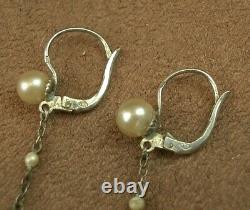 LONGUES BOUCLES PENDANTS D'OREILLES ANCIENNES DORMEUSES en ARGENT & PERLES