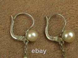 LONGUES BOUCLES PENDANTS D'OREILLES ANCIENNES DORMEUSES en ARGENT & PERLES