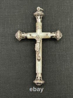 MAGNIFIQUE ancienne GRANDE CROIX PECTORALE PENDENTIF en NACRE et ARGENT MASSIF